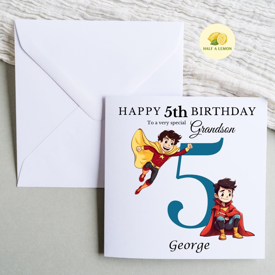 Personalised 5th Birthday card for boy, for ANY Relation, Great Grandson, Grandson, Son, Great Nephew, Nephew, Godson, him, gift, Super Hero