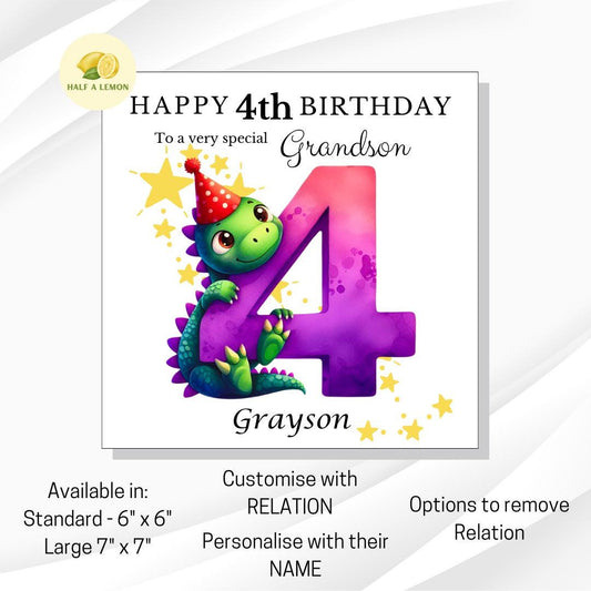 Personalised 4th Birthday card for boy, for ANY Relation, Great Grandson, Grandson, Son, Great Nephew, Nephew, Godson, him, gift, Dinosaur