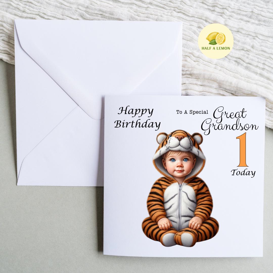 First Birthday card Great Grandson, 1st birthday card Grandson, Great Grandson, Son, Nephew, tiger birthday, blonde hair, blue eyes, gift,