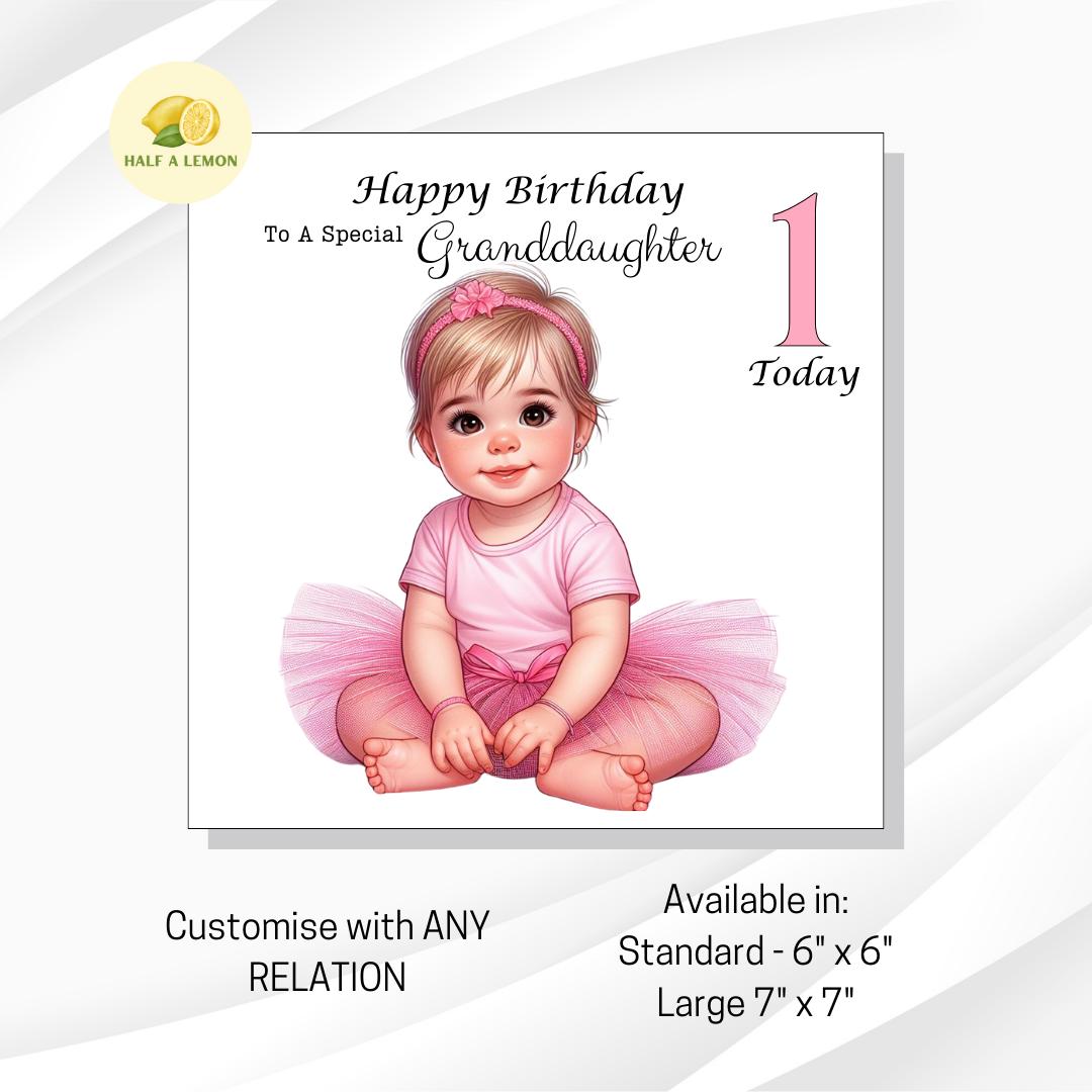 First Birthday card, for ANY Relative, Great Granddaughter, Granddaughter, Daughter, Niece, Sister, cute pink tutu, for her, girl, 1st, gift