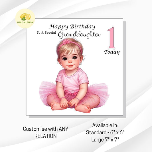 First Birthday card, for ANY Relative, Great Granddaughter, Granddaughter, Daughter, Niece, Sister, cute pink tutu, for her, girl, 1st, gift
