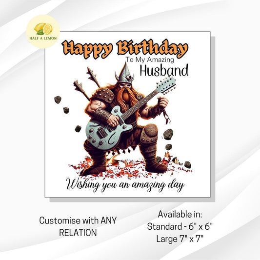 Birthday card for Husband, Boyfriend, Dad, Son, Nephew, Brother, Grandson, Viking playing guitar, customise any relation, gift for him, rock