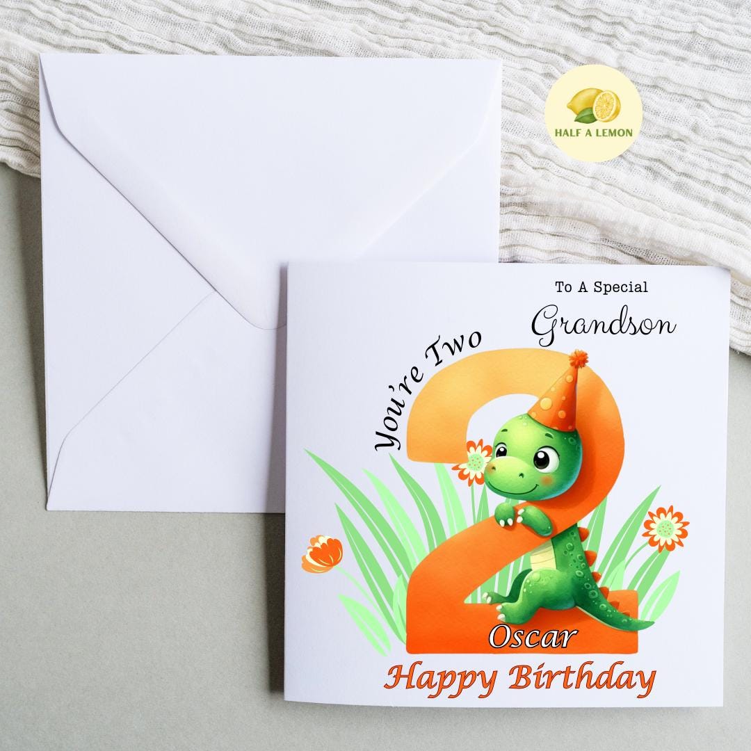 Personalised 2nd Birthday card for boy, for ANY Relation, Great Grandson, Grandson, Son, Great Nephew, Nephew, Godson, him, gift, dinosaur,