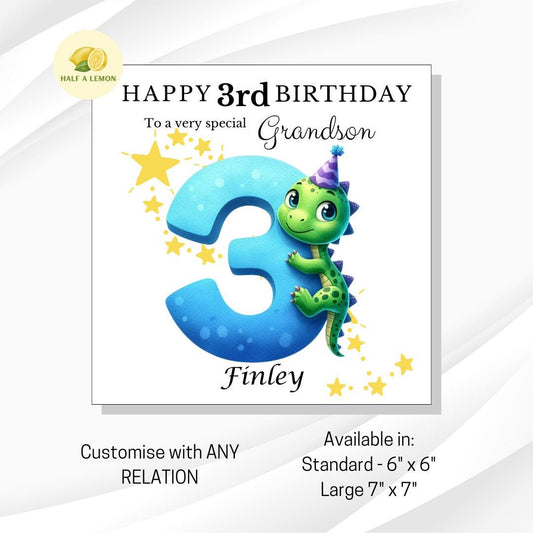 Personalised 3rd Birthday card for boy, for ANY Relation, Great Grandson, Grandson, Son, Great Nephew, Nephew, Godson, him, gift, dinosaur