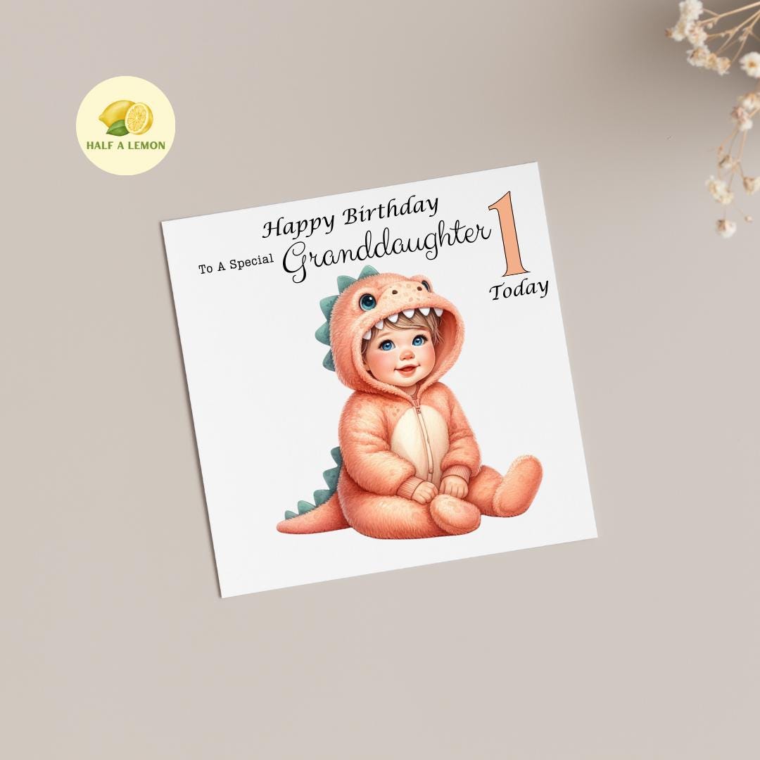 First Birthday card for Great Granddaughter, 1st birthday card, cute Dinosaur, Granddaughter, Daughter, Niece, blonde hair, blue eyes, gift