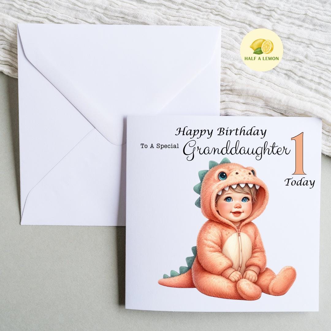 First Birthday card for Great Granddaughter, 1st birthday card, cute Dinosaur, Granddaughter, Daughter, Niece, blonde hair, blue eyes, gift