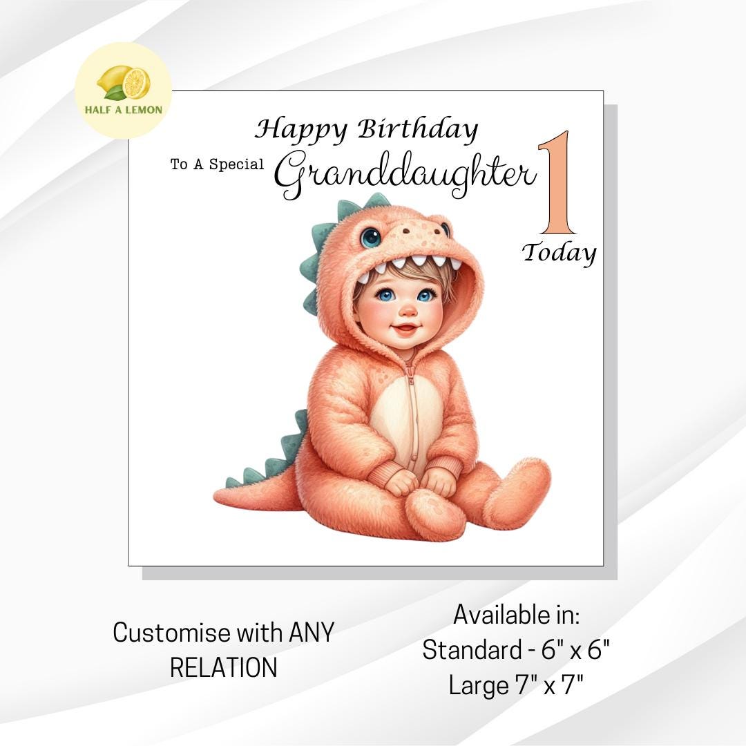 First Birthday card for Great Granddaughter, 1st birthday card, cute Dinosaur, Granddaughter, Daughter, Niece, blonde hair, blue eyes, gift