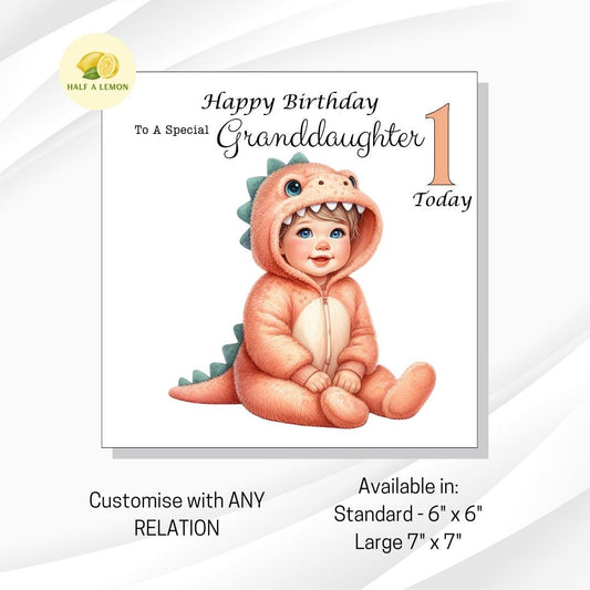 First Birthday card for Great Granddaughter, 1st birthday card, cute Dinosaur, Granddaughter, Daughter, Niece, blonde hair, blue eyes, gift