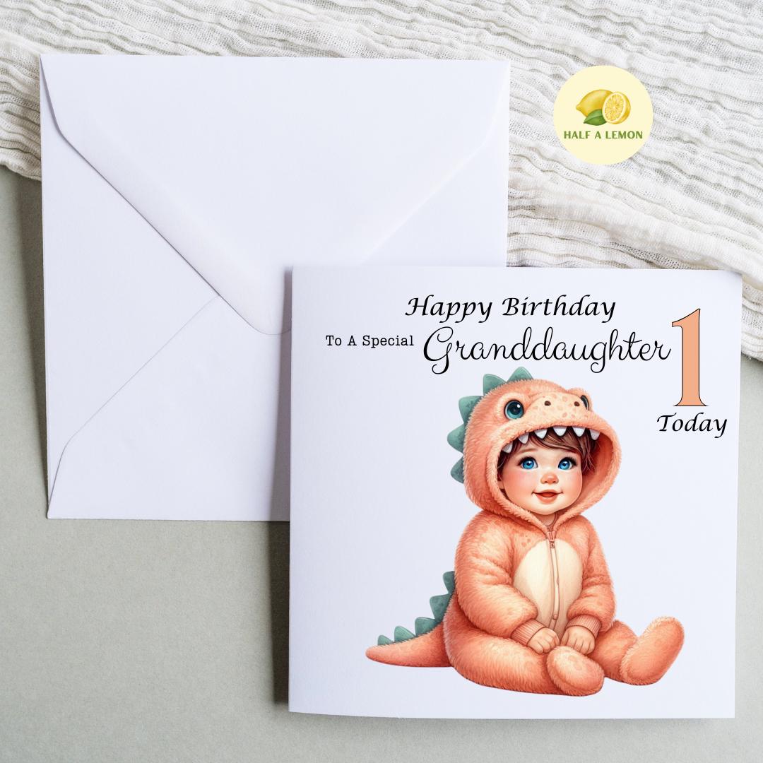 First Birthday card for Great Granddaughter, 1st birthday card, cute Dinosaur, Granddaughter, Daughter, Niece, brown hair, blue eyes, gift