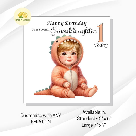 First Birthday card for Great Granddaughter, 1st birthday card, cute Dinosaur, Granddaughter, Daughter, Niece, blonde hair, brown eyes, gift
