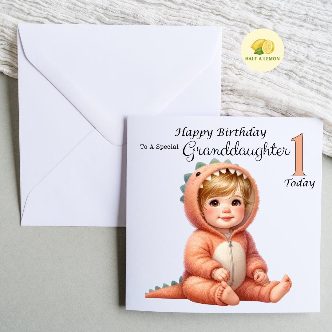 First Birthday card for Great Granddaughter, 1st birthday card, cute Dinosaur, Granddaughter, Daughter, Niece, blonde hair, brown eyes, gift