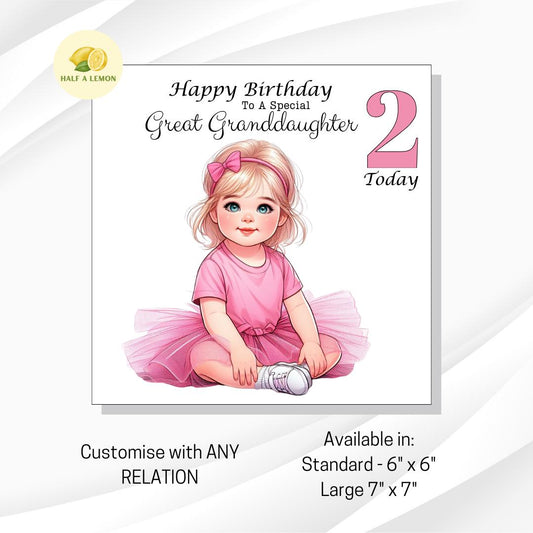 2nd Birthday card, for ANY Relation, Great Granddaughter, Granddaughter, Great Niece, Niece, Daughter, gift for her, little girl, 2 Today,