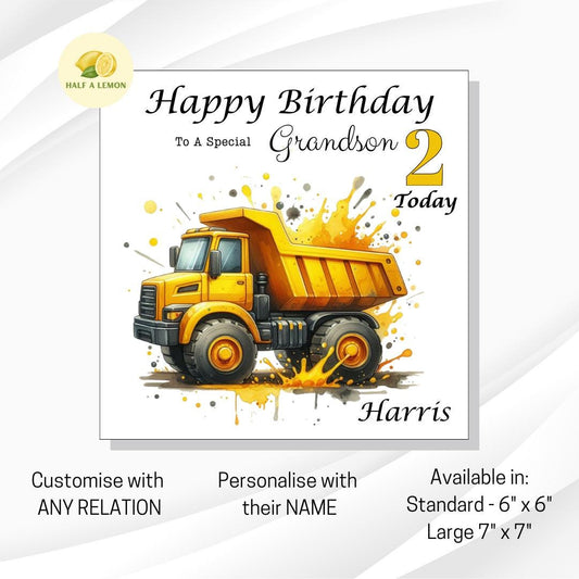 Personalised 2nd Birthday card for boy, for ANY Relation, Great Grandson, Grandson, Son, Great Nephew, Nephew, Godson, him, gift, truck,