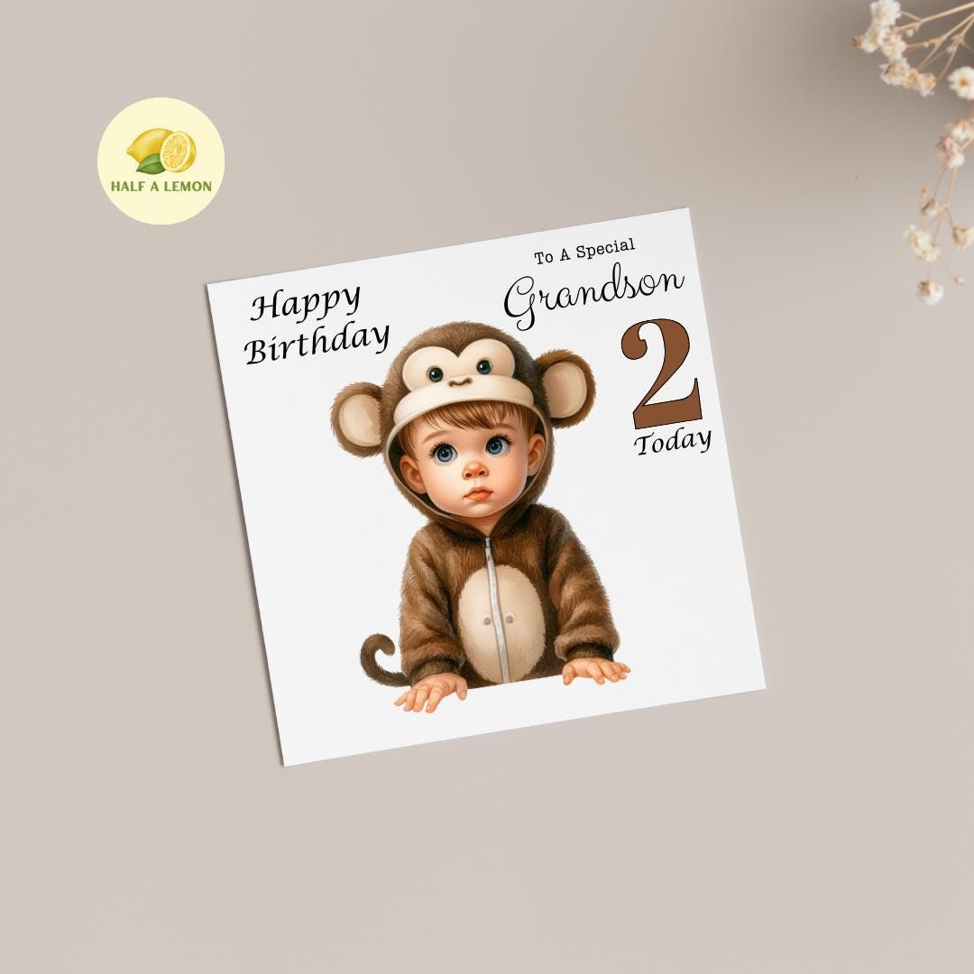 2nd Birthday card, for Grandson, Great Grandson, Great Nephew, Nephew, for ANY Relation, for him, gift, age 2, two for him, boy, monkey,