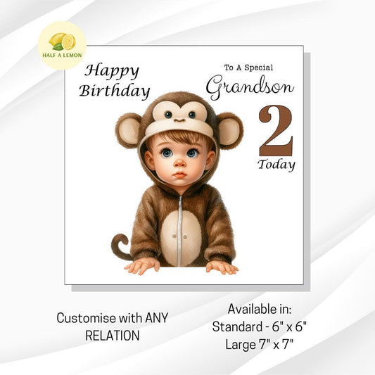 2nd Birthday card, for Grandson, Great Grandson, Great Nephew, Nephew, for ANY Relation, for him, gift, age 2, two for him, boy, monkey,