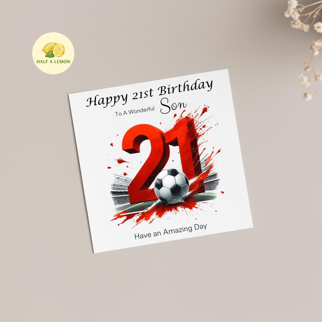 21st Birthday card, ANY Relation, Son, Great Grandson, Grandson, Great Nephew, Nephew, Brother, gift, Red Team Football Birthday card, him,