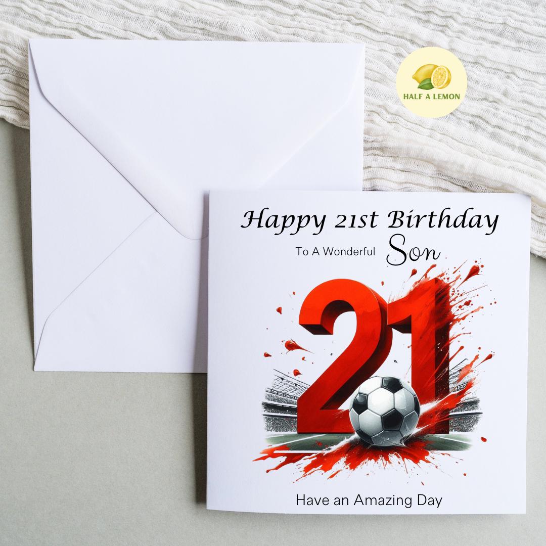 21st Birthday card, ANY Relation, Son, Great Grandson, Grandson, Great Nephew, Nephew, Brother, gift, Red Team Football Birthday card, him,