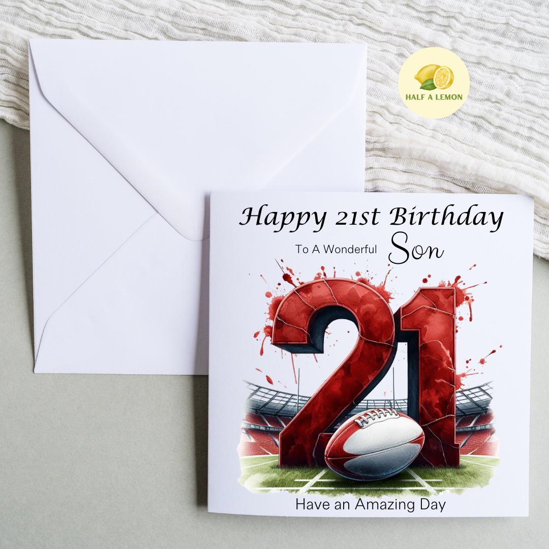 21st Birthday card, ANY Relation, Son, Great Grandson, Grandson, Nephew, Brother, gift, Red Team Rugby Birthday card, him,