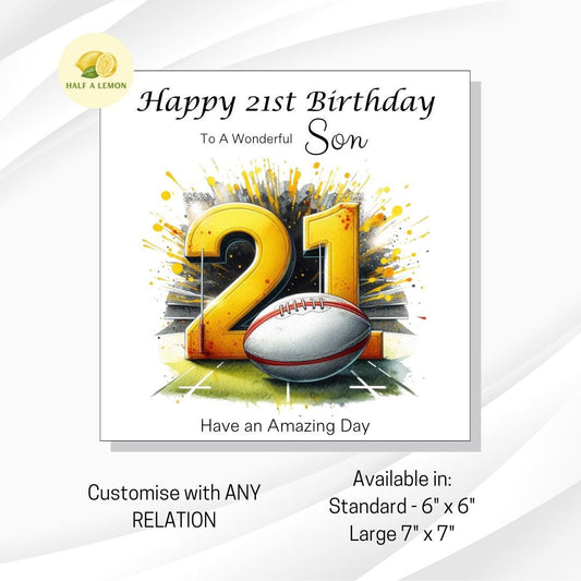 21st Birthday card, ANY Relation, Son, Great Grandson, Grandson, Nephew, Brother, gift, Yellow and Red Team Rugby Birthday card, him,
