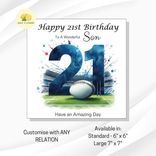 21st Birthday card, ANY Relation, Son, Great Grandson, Grandson, Nephew, Brother, gift, Blue Team Rugby Birthday card, him,