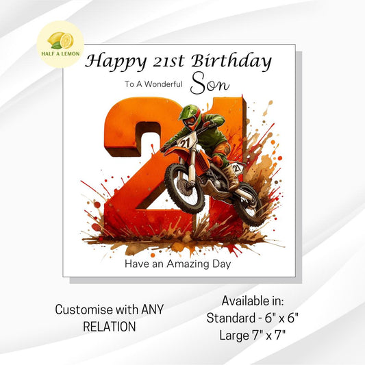 21st Birthday card, ANY Relation, Son, Great Grandson, Grandson, Nephew, Brother, gift, Dirt Biker, Birthday card, him,