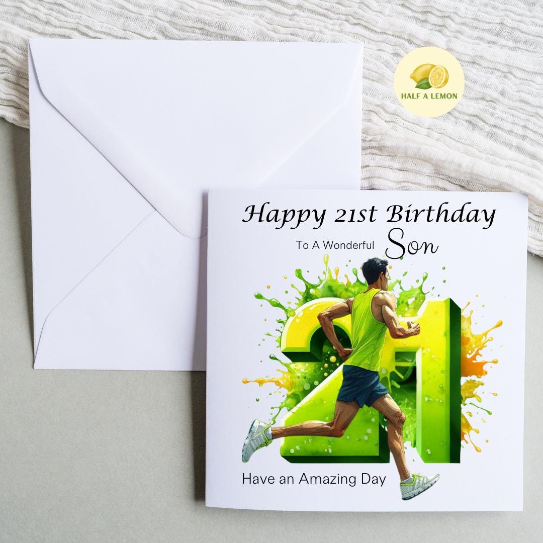 21st Birthday card, ANY Relation, Son, Great Grandson, Grandson, Nephew, Brother, gift, Running, Runner, Birthday card, him, brown hair,