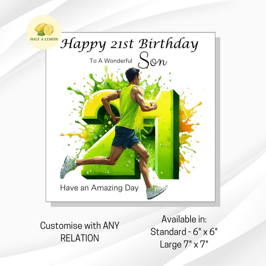 21st Birthday card, ANY Relation, Son, Great Grandson, Grandson, Nephew, Brother, gift, Running, Runner, Birthday card, him, brown hair,