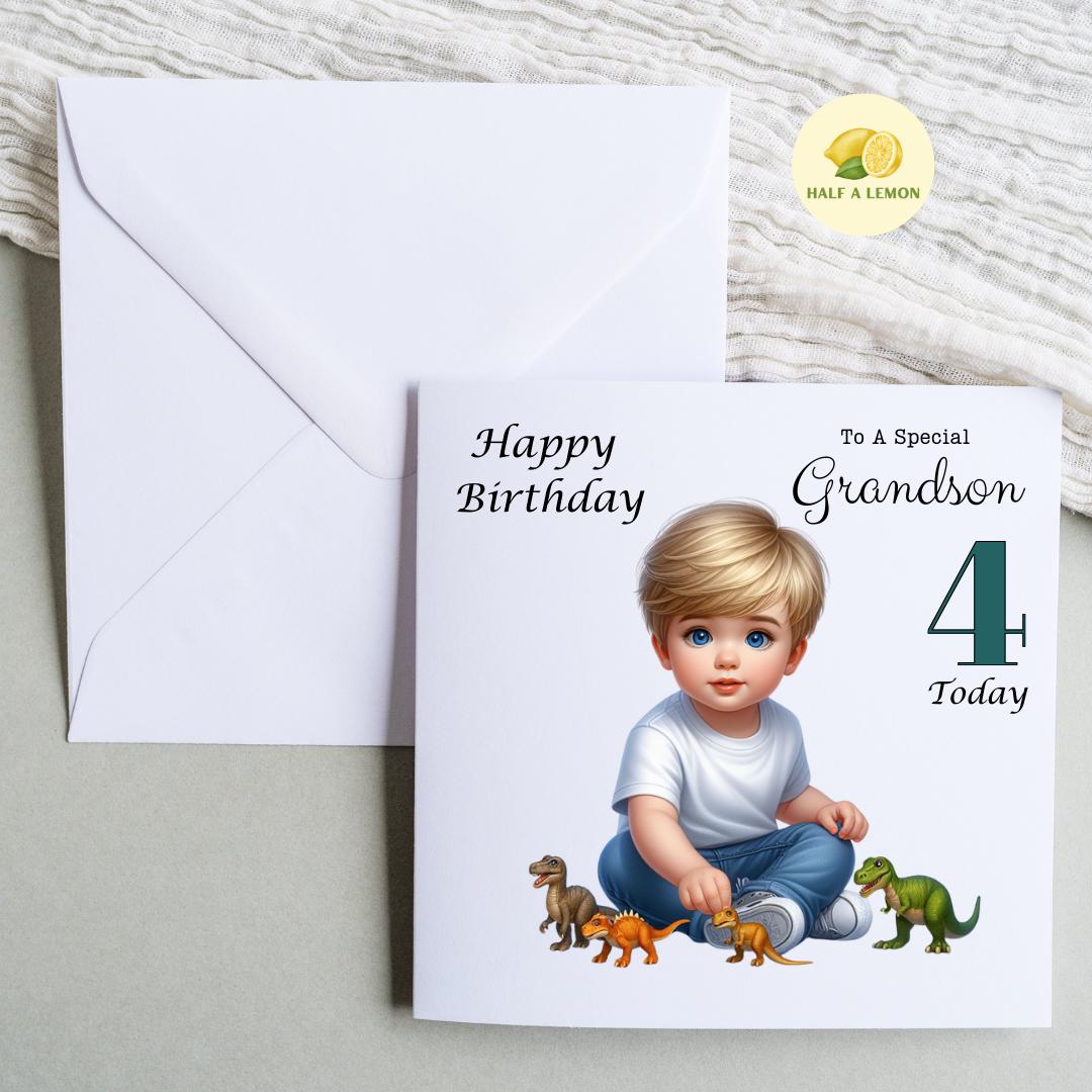 Birthday card, for Grandson, Son, Nephew, Great Grandson, Customise with AGE, Little boy playing with Dinosaurs, Age 3, Age 4, Age 5, gift
