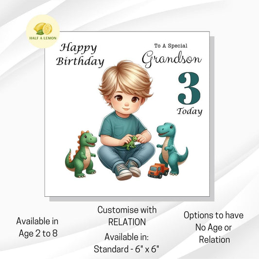 Birthday Card for Grandson, Son, Nephew, Great Grandson, Customise AGE, Little boy playing with Dinosaurs, Age 2, Age 3, Age 4, Age 5, gift