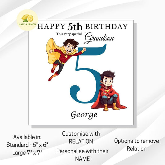 Personalised 5th Birthday card for boy, for ANY Relation, Great Grandson, Grandson, Son, Great Nephew, Nephew, Godson, him, gift, Super Hero