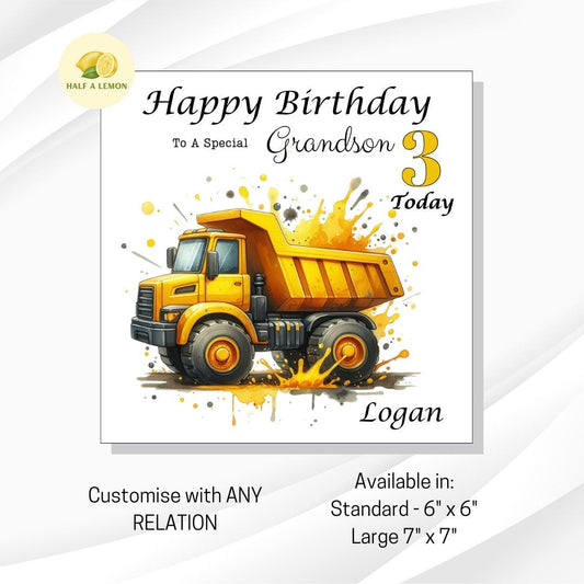 Personalised 3rd Birthday card for boy, for ANY Relation, Great Grandson, Grandson, Son, Great Nephew, Nephew, Godson, him, gift, truck,