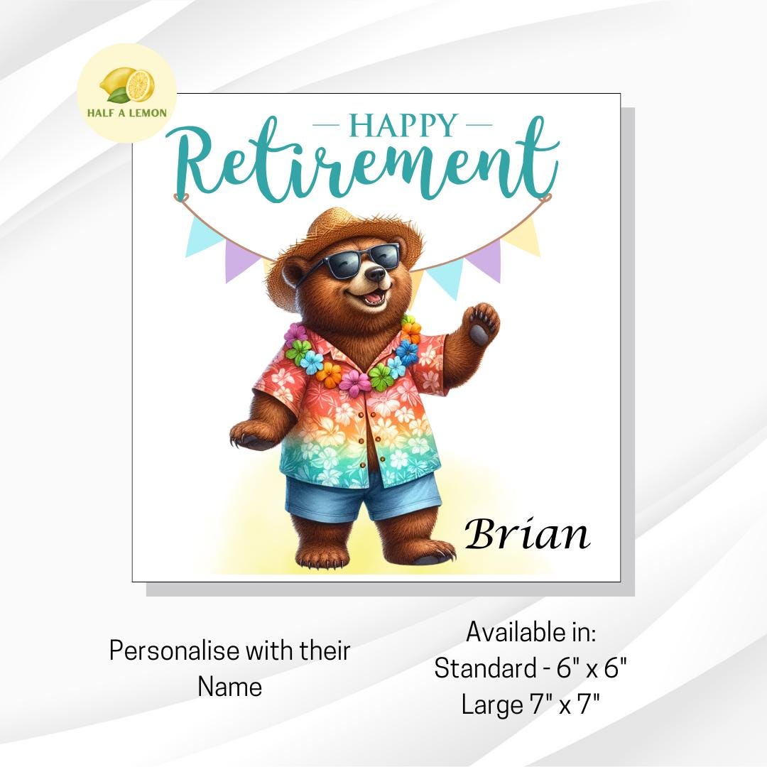 Retirement card, Happy Retirement card, personalise, Holiday Bear, straw hat and sunglasses, gift for retirement, him,