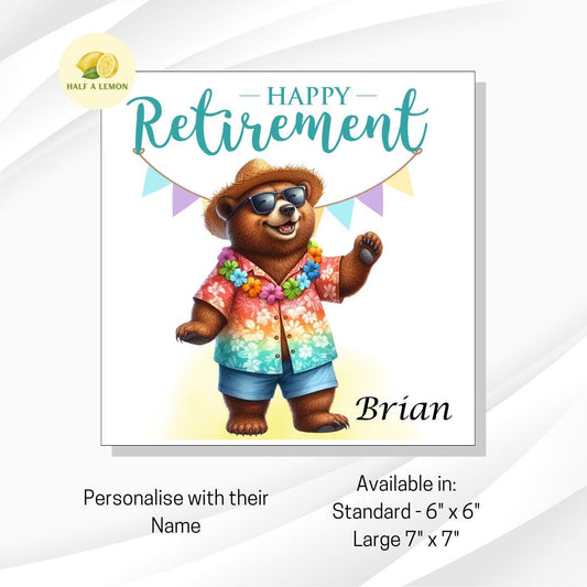 Retirement card, Happy Retirement card, personalise, Holiday Bear, straw hat and sunglasses, gift for retirement, him,