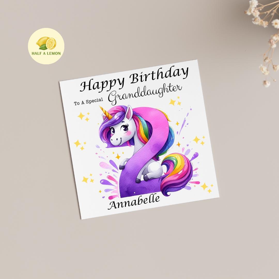2nd Birthday card, Personalised, Unicorn, ANY Relation, Great Granddaughter, Granddaughter, Daughter, Great Niece, gift, her, girl, 2,