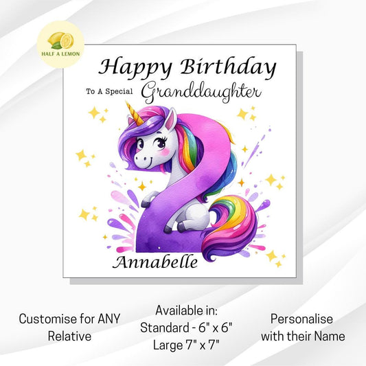 2nd Birthday card, Personalised, Unicorn, ANY Relation, Great Granddaughter, Granddaughter, Daughter, Great Niece, gift, her, girl, 2,