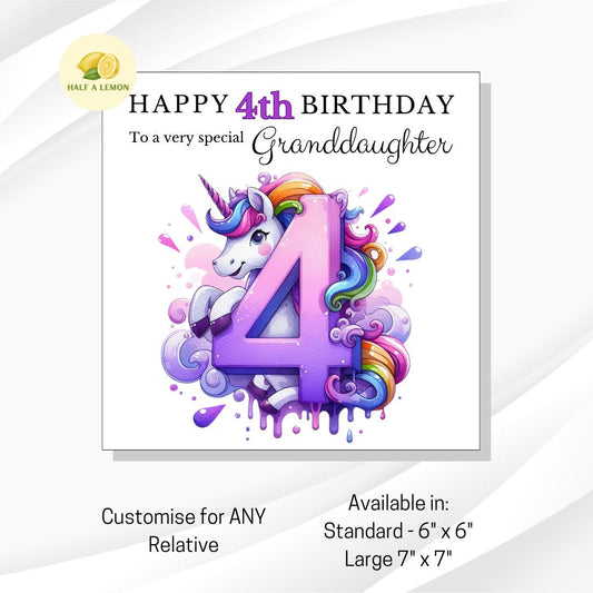 4th Birthday card, Unicorn, ANY Relation, Great Granddaughter, Granddaughter, Daughter, Great Niece, gift, her, little girl, fourth, age 4,