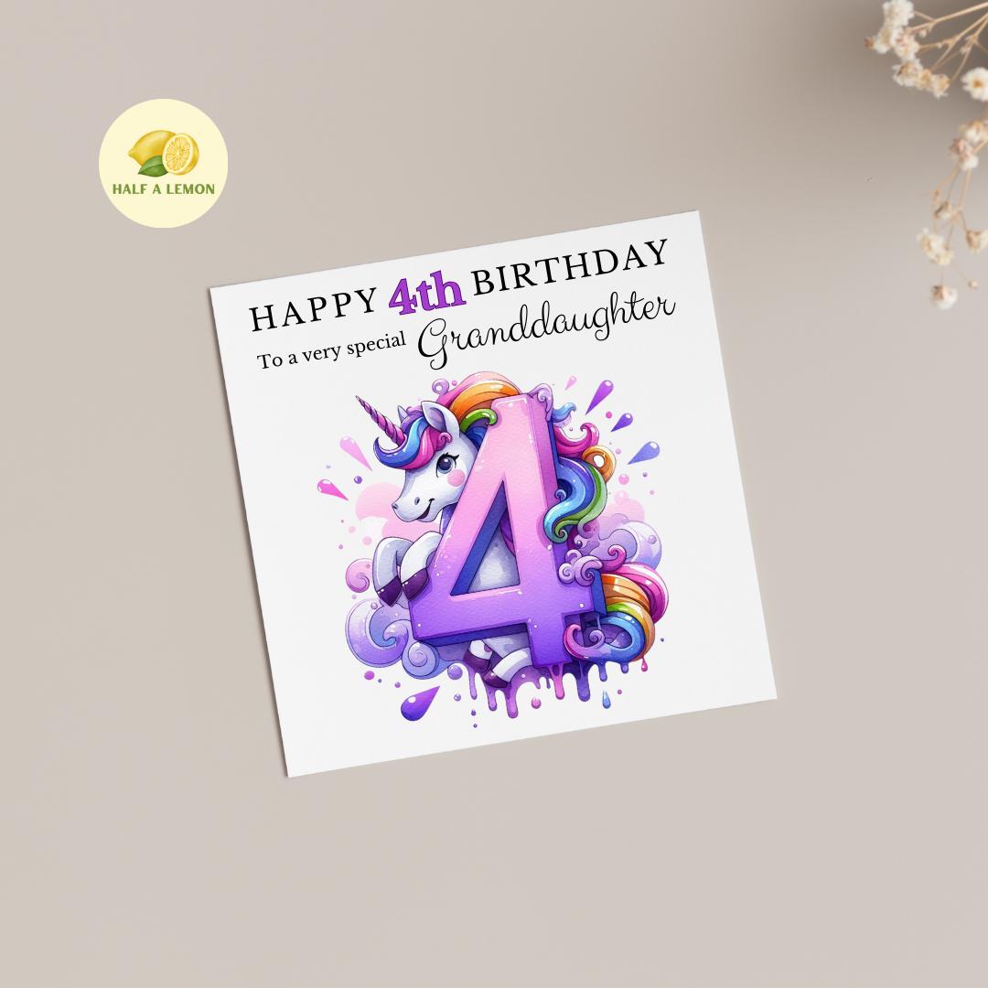 4th Birthday card, Unicorn, ANY Relation, Great Granddaughter, Granddaughter, Daughter, Great Niece, gift, her, little girl, fourth, age 4,
