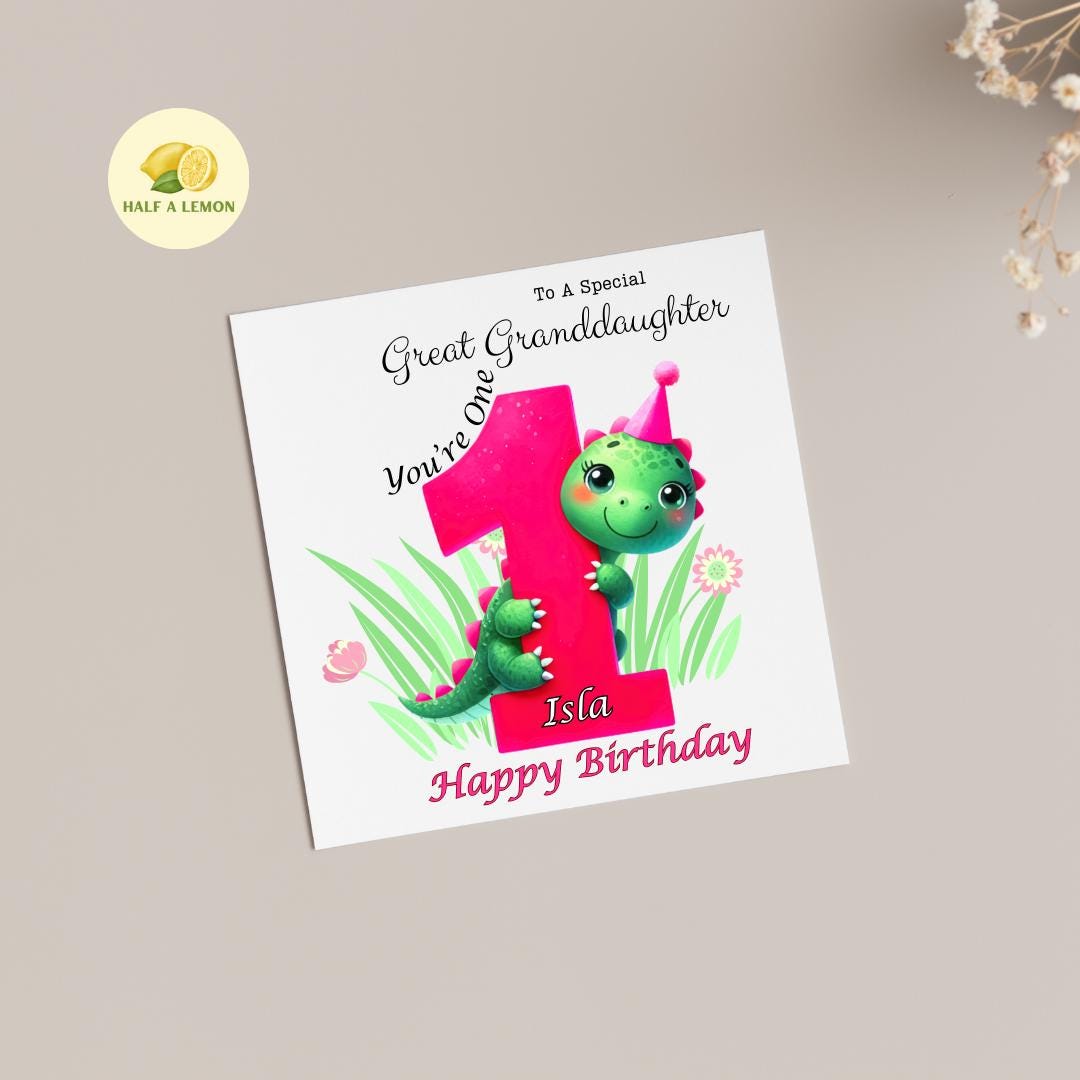 First Birthday card, for ANY Relation, Personalised, 1st, Great Granddaughter, Granddaughter, Daughter, Niece, gift, her, girl, dinosaur,