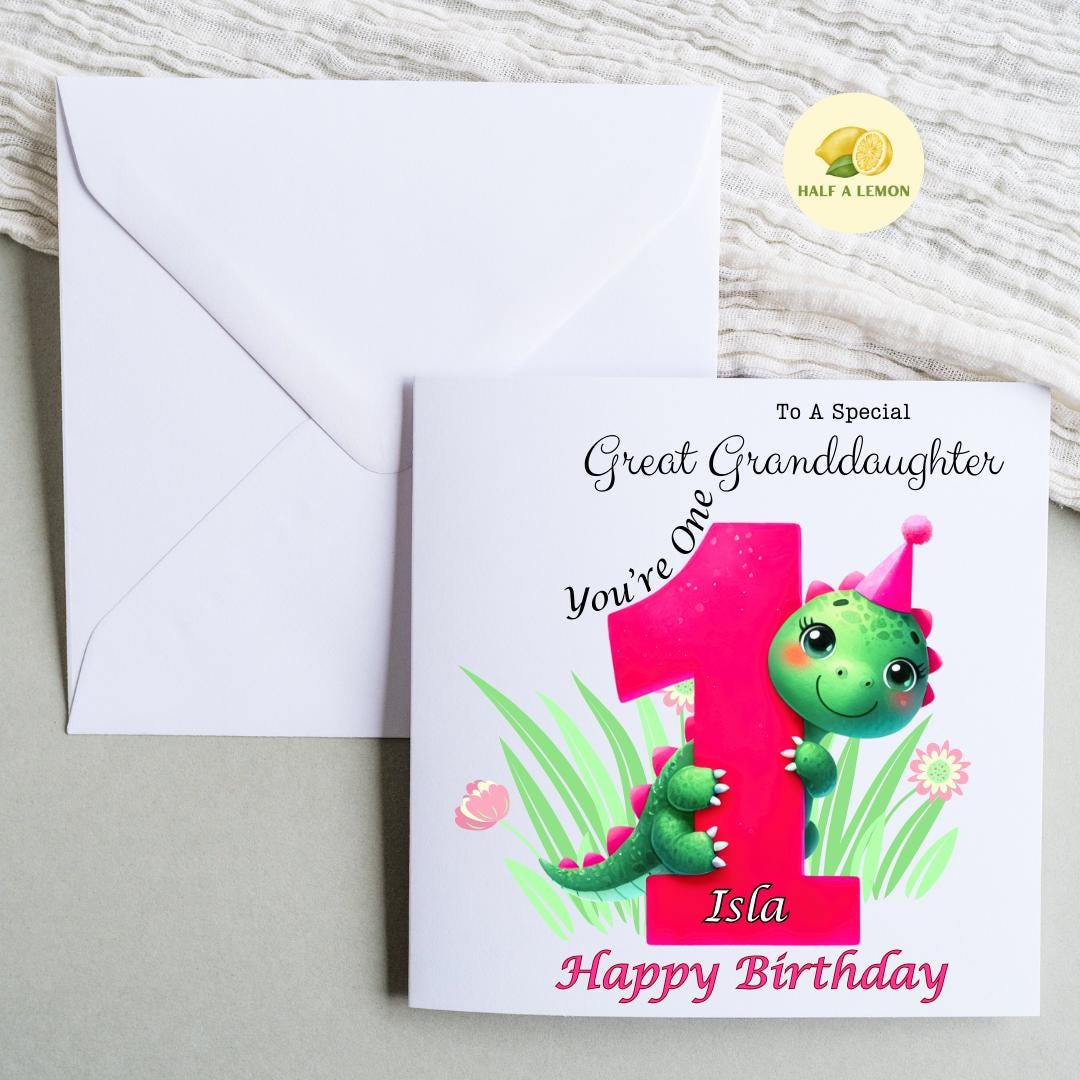 First Birthday card, for ANY Relation, Personalised, 1st, Great Granddaughter, Granddaughter, Daughter, Niece, gift, her, girl, dinosaur,