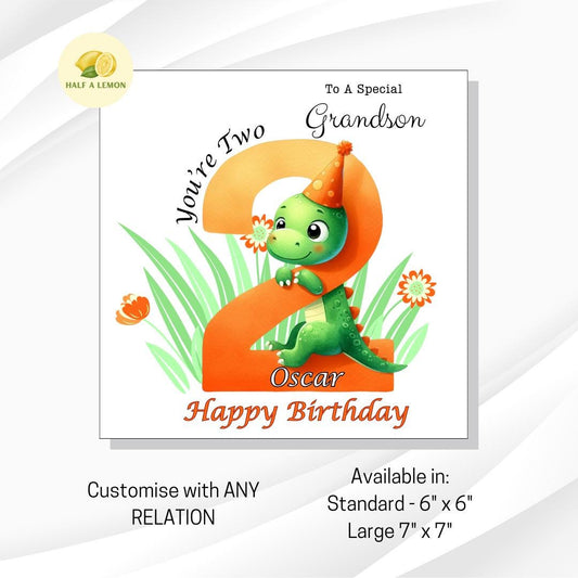 Personalised 2nd Birthday card for boy, for ANY Relation, Great Grandson, Grandson, Son, Great Nephew, Nephew, Godson, him, gift, dinosaur,