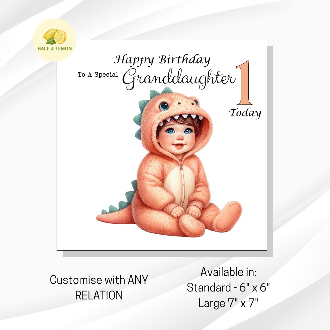 First Birthday card for Great Granddaughter, 1st birthday card, cute Dinosaur, Granddaughter, Daughter, Niece, brown hair, blue eyes, gift