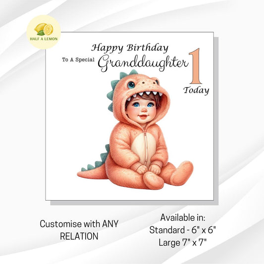First Birthday card for Great Granddaughter, 1st birthday card, cute Dinosaur, Granddaughter, Daughter, Niece, brown hair, blue eyes, gift