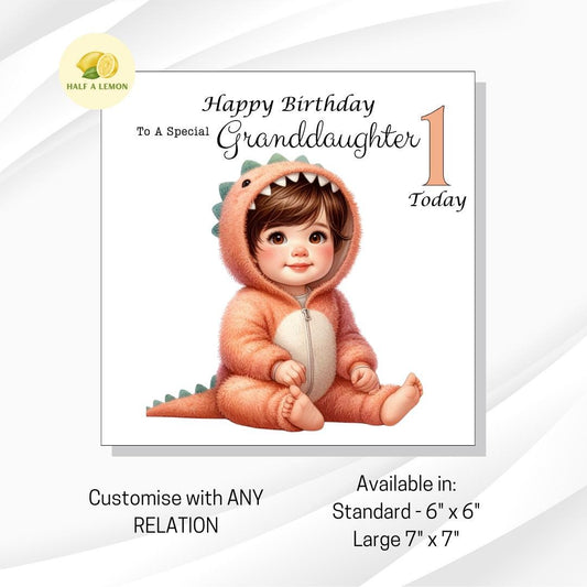 First Birthday card for Great Granddaughter, 1st birthday card, cute Dinosaur, Granddaughter, Daughter, Niece, brown hair, brown eyes, gift