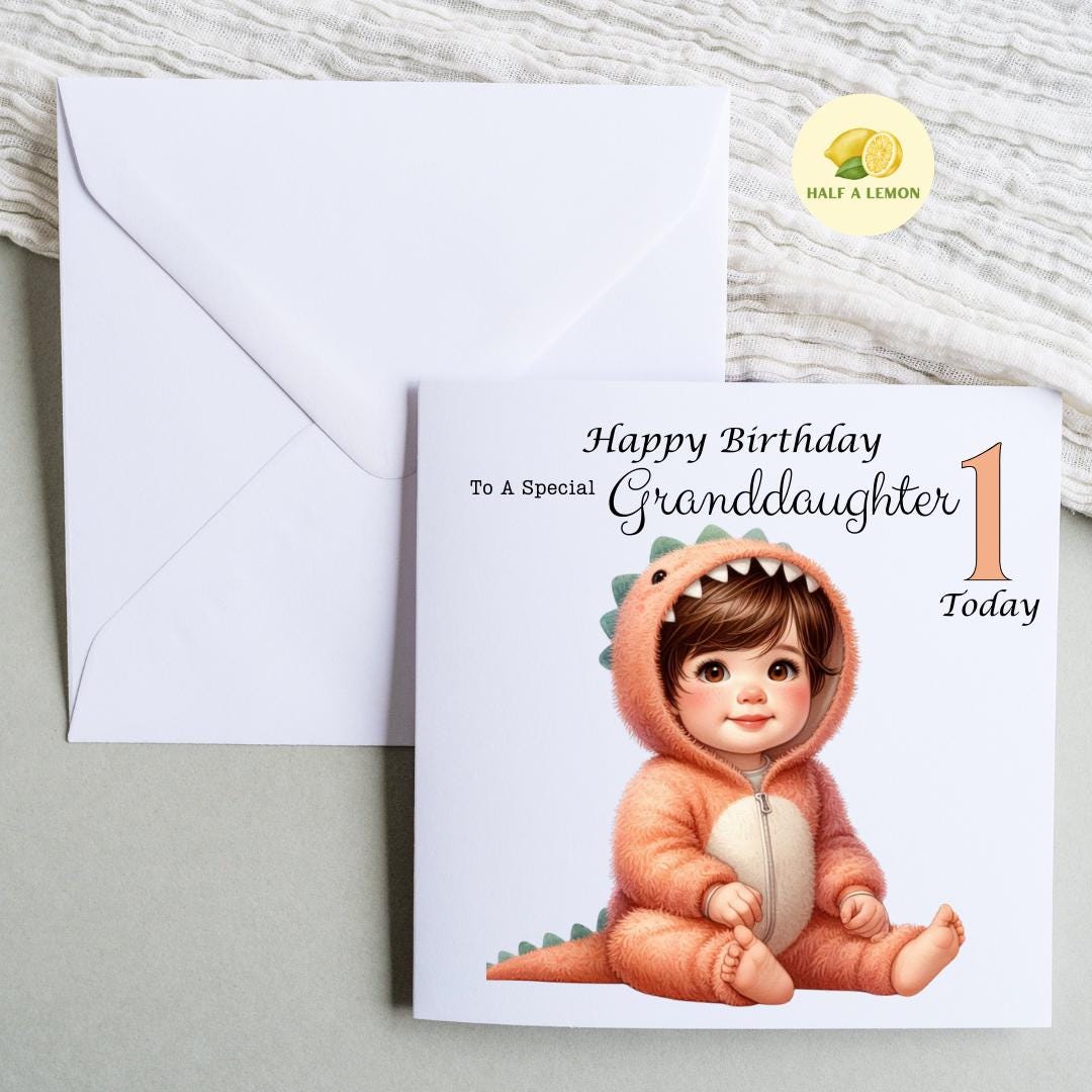 First Birthday card for Great Granddaughter, 1st birthday card, cute Dinosaur, Granddaughter, Daughter, Niece, brown hair, brown eyes, gift