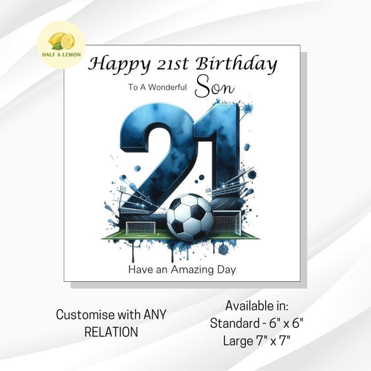 21st Birthday card, ANY Relation, Son, Great Grandson, Grandson, Great Nephew, Nephew, Brother, gift, Blue Team Football Birthday card, him,