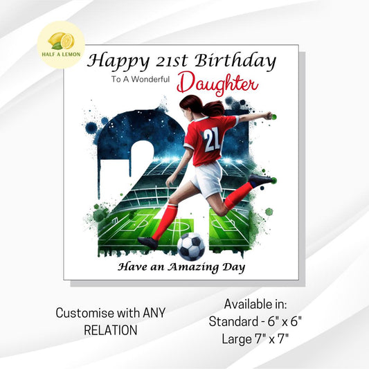 21st Birthday Card, Daughter Birthday Card, Granddaughter Birthday Card, Sister Birthday Card, Niece, Football, Red Team, Brown hair, gift,