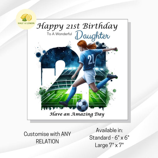 21st Birthday Card, Daughter Birthday Card, Granddaughter Birthday Card, Sister Birthday Card, Niece, Football, Blue Team, Red hair, gift,