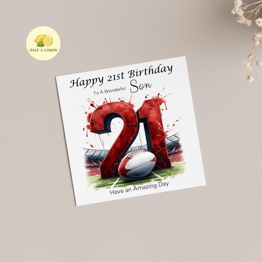 21st Birthday card, ANY Relation, Son, Great Grandson, Grandson, Nephew, Brother, gift, Red Team Rugby Birthday card, him,