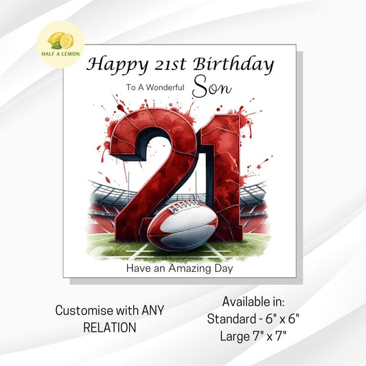 21st Birthday card, ANY Relation, Son, Great Grandson, Grandson, Nephew, Brother, gift, Red Team Rugby Birthday card, him,
