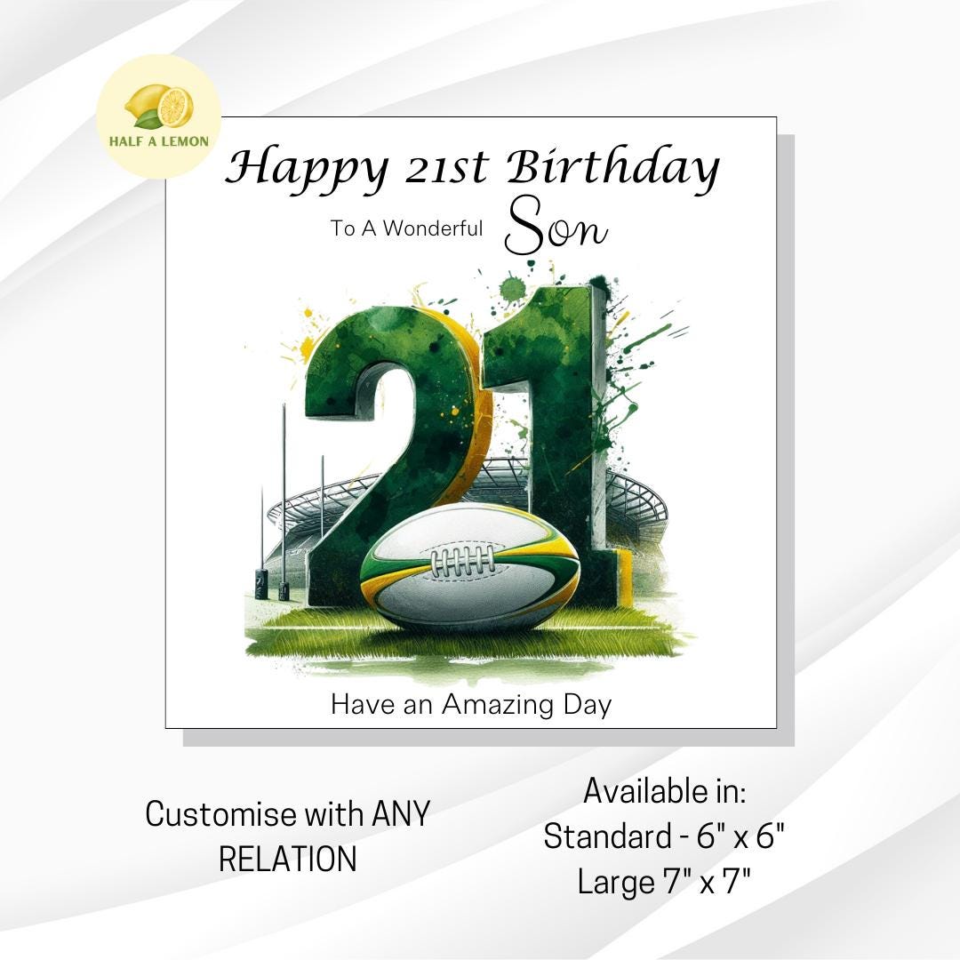 21st Birthday card, ANY Relation, Son, Great Grandson, Grandson, Nephew, Brother, gift, Green and yellow Team Rugby Birthday card, him,